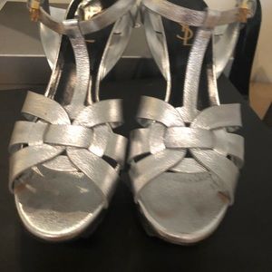 Authentic Silver Leather Ysl Tribute Sandals